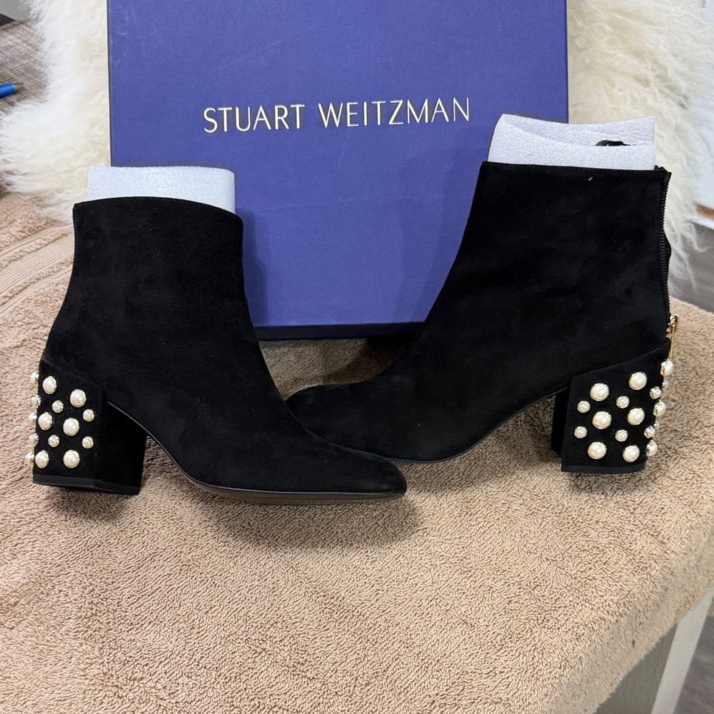 Stuart Weitzman Black Boots with Pearl Accents